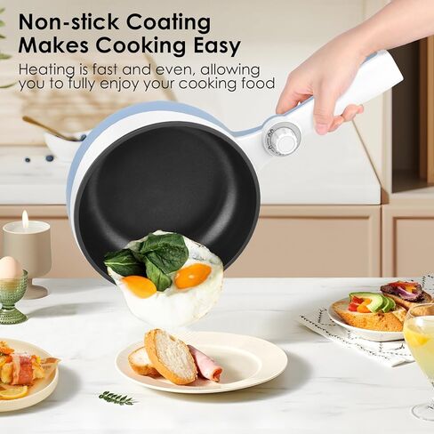 وعاء تسخين كهربائي من Audecook مع جهاز بخار، مقلاة كهربائية صغيرة محمولة غير لاصقة سعة 1.7 لتر مع إمكانية تعديل الطاقة، طباخ رامين سريع متعدد الاستخدامات للسفر لشرائح اللحم/الحساء/البيض/دقيق الشوفان/النودلز (أزرق) in Kuwait