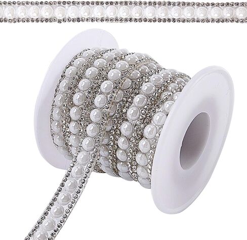 GORGECRAFT 4 Yards 10mm Rhinestone Trim Applique 2 Rows Crystal Beaded Chain White Pearl Banding Diamond Inlaid Fringe Rhinetones Trim for Crafts Clothing Bridal Embellishments Christmas in Saudi Arabia