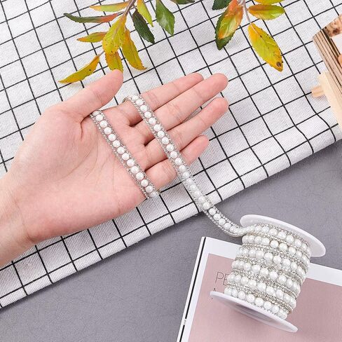 GORGECRAFT 4 Yards 10mm Rhinestone Trim Applique 2 Rows Crystal Beaded Chain White Pearl Banding Diamond Inlaid Fringe Rhinetones Trim for Crafts Clothing Bridal Embellishments Christmas in Saudi Arabia