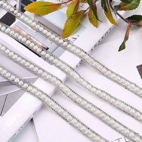 GORGECRAFT 4 Yards 10mm Rhinestone Trim Applique 2 Rows Crystal Beaded Chain White Pearl Banding Diamond Inlaid Fringe Rhinetones Trim for Crafts Clothing Bridal Embellishments Christmas in Saudi Arabia