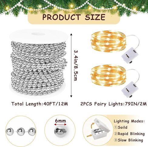6mm/40ft String of Pearls with Fairy Lights, Pearl Garland String Pearl Strands Trim, Faux Pearl Beads Ribbon Decorations for Flowers Wedding Party Christmas Tree(Ivory) in Kuwait
