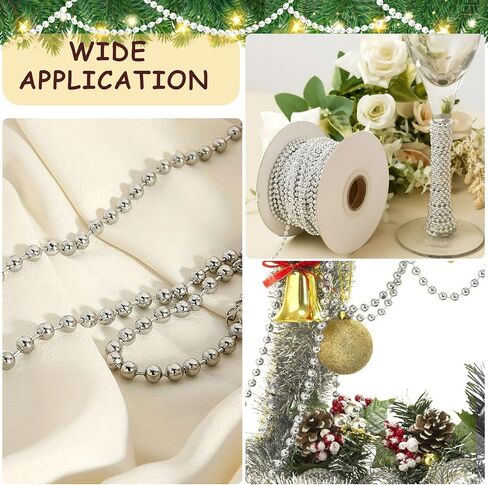 6mm/40ft String of Pearls with Fairy Lights, Pearl Garland String Pearl Strands Trim, Faux Pearl Beads Ribbon Decorations for Flowers Wedding Party Christmas Tree(Ivory) in Kuwait
