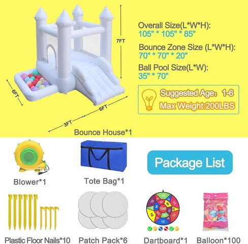 White Bounce House with Slide & Blower - Perfect Indoor/Outdoor Toddler Fun - Family Backyard Bouncy Castle for Events, Parties, Weddings - Ideal Children's Gift(WBH01-6FT) in Saudi Arabia