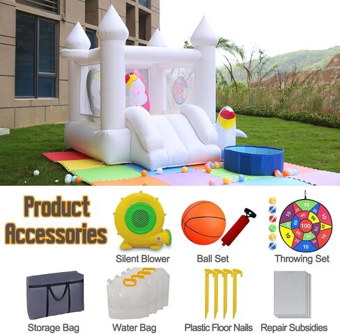 White Bounce House with Slide & Blower - Perfect Indoor/Outdoor Toddler Fun - Family Backyard Bouncy Castle for Events, Parties, Weddings - Ideal Children's Gift(WBH01-6FT) in Saudi Arabia