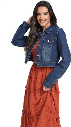 جاكيت جينز نسائي قصير من J.Corrine بأكمام طويلة وأزرار سفلية كاجوال عتيقة من قماش الدنيم القصير مع جيوب in Kuwait