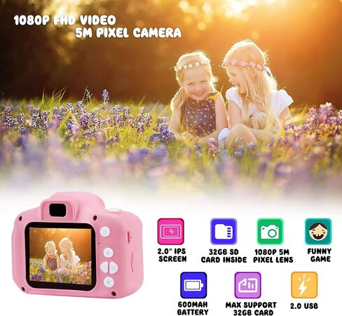 ASIUR Kids Camera Toy, Christmas Birthday Gifts for Girls Age 3-10, 1080P HD Video Cameras for Toddler, Toys for 3 4 5 6 7 8 9 10 Year Old Girl with 32GB SD Card - Light Pink in Kuwait