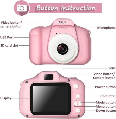 ASIUR Kids Camera Toy, Christmas Birthday Gifts for Girls Age 3-10, 1080P HD Video Cameras for Toddler, Toys for 3 4 5 6 7 8 9 10 Year Old Girl with 32GB SD Card - Light Pink in Kuwait