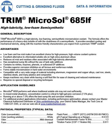 سوائل القطع والطحن TRIM MS685LF/1 MicroSol 685lf مبرد مستحلب دقيق شبه اصطناعي منخفض الرغوة، عالي التشحيم، إبريق سعة 1 جالون in Kuwait