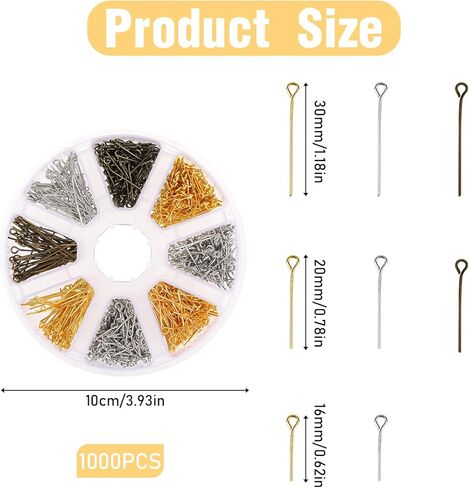 1000 قطعة دبابيس العين مختلط اللون دبابيس العين المفتوحة 16-30 مللي متر دبابيس رأس الحديد لصنع المجوهرات سوار القرط (متعدد الألوان) in Kuwait