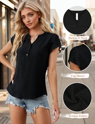 Blooming Jelly Womens Dressy Casual Tops Business Casual Cap Sleeve Work Blouses Chiffon V Neck Button Down Shirts in Saudi Arabia