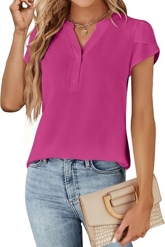 Blooming Jelly Womens Dressy Casual Tops Business Casual Cap Sleeve Work Blouses Chiffon V Neck Button Down Shirts in Saudi Arabia