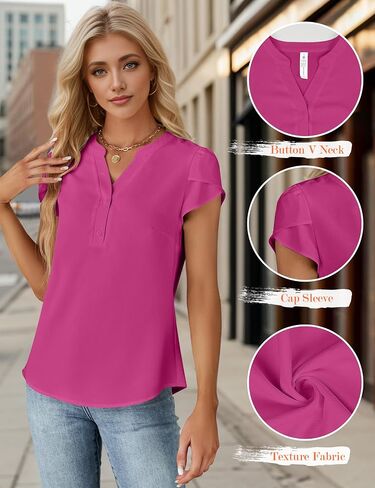 Blooming Jelly Womens Dressy Casual Tops Business Casual Cap Sleeve Work Blouses Chiffon V Neck Button Down Shirts in Saudi Arabia