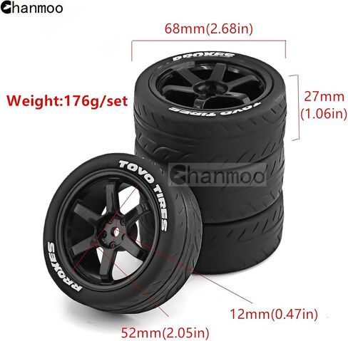 1/10 RC Rally Racing Tires and Plastic Drift Wheels 12mm Hex On Road Tyres for 1:10 Touring Street Car Tamiya TT01 TT02 XV01 TA06 A959 PTG2 144001 HPI KYOSHO HSP PTG2 Traxxas 4PCS (Black) in Saudi Arabia