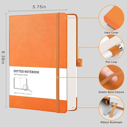 RETTACY Bullet Dotted Journal - دفتر يوميات A5 Dotted Grid مع 256 صفحة، ورق ممتاز خالي من الأحماض 120 جرام في المتر المربع، يوميات رصاصة، رسم، غلاف جلدي، جيب داخلي، 5.7 بوصة × 8.3 بوصة (أسود) in Saudi Arabia