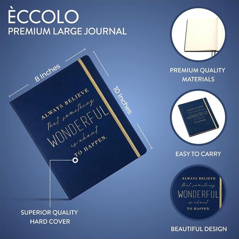 دفتر يوميات كبير مبطن من Eccolo، غطاء مقوى، مجلة كتابة، 256 صفحة عاجية مسطرة، حافة مذهبة، شريط مطاطي، 3 إشارات مرجعية شريطية، مسطحة، حجم مكتب للعمل أو المدرسة (أزرق، 8 × 10 بوصة) in Saudi Arabia