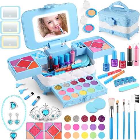 AstarX ® 57 in 1 Kids Makeup Kit for Girl, with 3-Color LED Lighted Makeup Mirror Washable Little Girls Makeup Kit Girls Toys Age 3-12 Perfect Girl Birthday Gift in Saudi Arabia