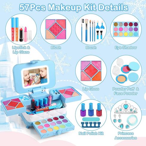 AstarX ® 57 in 1 Kids Makeup Kit for Girl, with 3-Color LED Lighted Makeup Mirror Washable Little Girls Makeup Kit Girls Toys Age 3-12 Perfect Girl Birthday Gift in Saudi Arabia