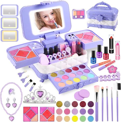 AstarX ® 57 in 1 Kids Makeup Kit for Girl, with 3-Color LED Lighted Makeup Mirror Washable Little Girls Makeup Kit Girls Toys Age 3-12 Perfect Girl Birthday Gift in Saudi Arabia