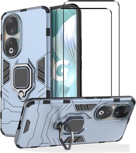 Compatible with Honor 90 5G Case Kickstand with Tempered Glass Screen Protector [2 pcs], Hybrid Heavy Duty Armor Dual Layer Anti-Scratch Phone Case Cover, Black in Saudi Arabia