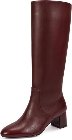 wetkiss Low Heel Knee High Boots for Women Regular Calf Friendly Side Zipper Almond Toe Faux Leather Comfortable Boots for Walking, Dancing, Standing for Long Periods With No Pain in Saudi Arabia