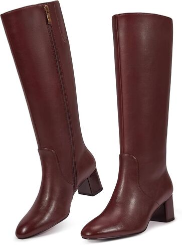 wetkiss Low Heel Knee High Boots for Women Regular Calf Friendly Side Zipper Almond Toe Faux Leather Comfortable Boots for Walking, Dancing, Standing for Long Periods With No Pain in Saudi Arabia