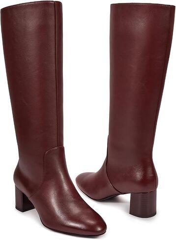 wetkiss Low Heel Knee High Boots for Women Regular Calf Friendly Side Zipper Almond Toe Faux Leather Comfortable Boots for Walking, Dancing, Standing for Long Periods With No Pain in Saudi Arabia