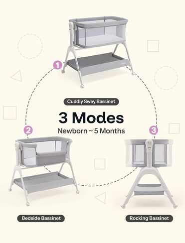 Harppa Cuddly Baby Bassinet Beder Sleeper ، 3 في 1 bassinet هزاز مع مرتبة وغطاء ناعم ، جوانب شبكية كاملة ، 5 ارتفاع قابل للتعديل مع عجلات للحديدين الجدد in Kuwait