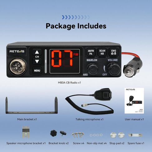 Retevis MB3A 40-Channel AM/FM CB Radio Kit - Long Range Trucker Radio with Antenna, 12V/24V Cigarette Lighter, Noise Limiter, PA, Emergency Channels 9/19, Cooling System in Saudi Arabia