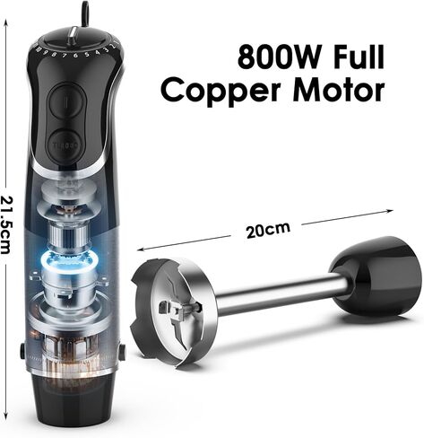 غمر الخلاط باليد ، 800 واط خلاط كهربائي قوي مع شفرات سبيكة التيتانيوم ، 12 سرعات وتوربو ، خلاط يدوي كهربائي للعصائر ، الحساء ، طعام الأطفال والهالي in Kuwait