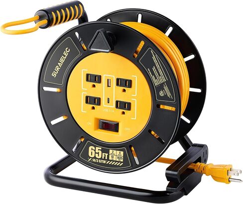 Suraielec 50 ft بكرة سلك التمديد القابلة للسحب ، 12AWG سلك الطاقة الثقيلة مع الترجيع ، 4 منافذ أسس ، منافذ USB-A & USB-C ، قاطع الدائرة 15A ، ETL مدرجة في المرآب ، ورشة عمل ، وظائف العمل in Saudi Arabia