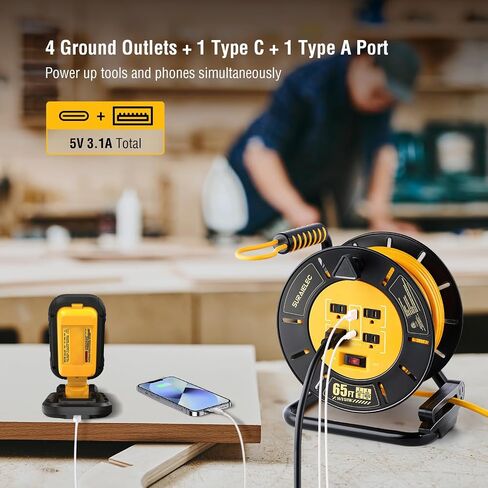 Suraielec 50 ft بكرة سلك التمديد القابلة للسحب ، 12AWG سلك الطاقة الثقيلة مع الترجيع ، 4 منافذ أسس ، منافذ USB-A & USB-C ، قاطع الدائرة 15A ، ETL مدرجة في المرآب ، ورشة عمل ، وظائف العمل in Saudi Arabia