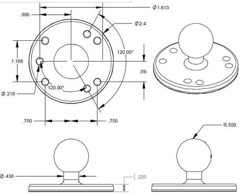 RAM MOUNTS Round Plate Ball Base with B Size 1" Ball, 4-Hole AMPS | Marine-grade aluminum mounting base, compatible with RAM Mounts holders and arms in Saudi Arabia