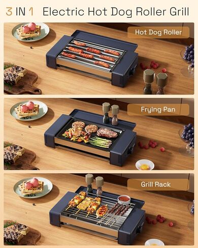 HBN 3-in-1 Hot Dog Roller Grill Machine with Nonstick Plate & Grill Rack, 800W Compact Indoor Electric Sausage Griller for Kitchen, Home, Small Space Use (Beige) in Saudi Arabia