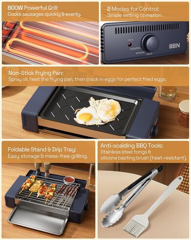 HBN 3-in-1 Hot Dog Roller Grill Machine with Nonstick Plate & Grill Rack, 800W Compact Indoor Electric Sausage Griller for Kitchen, Home, Small Space Use (Beige) in Saudi Arabia