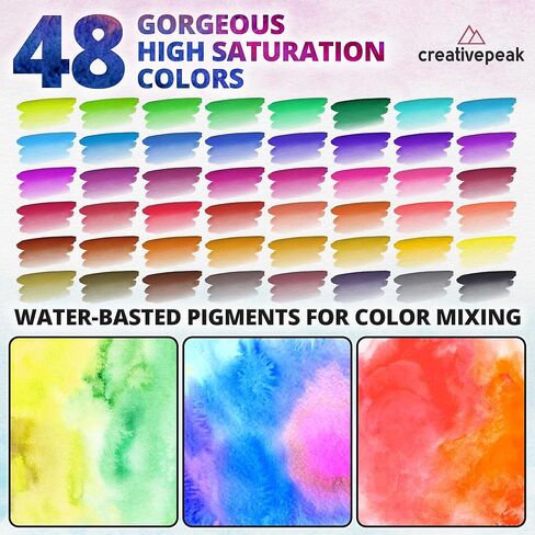 Creativepeak Watercolor Brush Pens - 48 Vibrant Coloring Pens & 2 Blending Brushes - Premium Quality Art Supplies Featuring Soft, Real Tip - Perfect for Calligraphy, Lettering, Adult Coloring in Kuwait