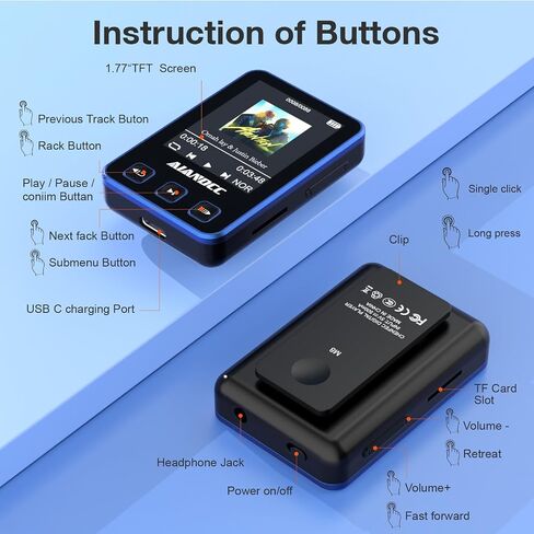 Mp3 Player with Bluetooth, HiFi Music Player with Sports Clip, 32GB mp3 Player for Kids Adults, Earphones Included, TF Card can be Inserted in Saudi Arabia