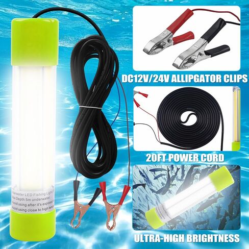 AGOOL Underwater Fishing Light 20W 16000 Lumens Green Fishing Light 12V 20ft Cord LED Submersible Fishing Bait Finder Deep Drop Night Fishing Light for Shrimp, Prawns, Squid Fish in Saudi Arabia