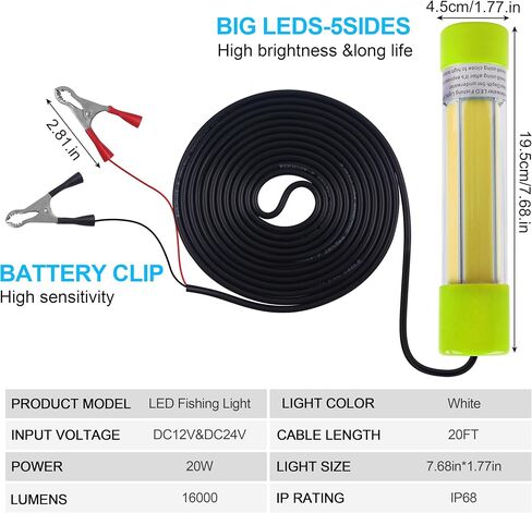 AGOOL Underwater Fishing Light 20W 16000 Lumens Green Fishing Light 12V 20ft Cord LED Submersible Fishing Bait Finder Deep Drop Night Fishing Light for Shrimp, Prawns, Squid Fish in Saudi Arabia