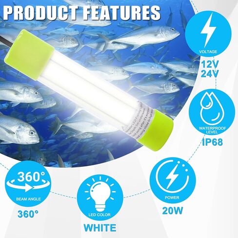 AGOOL Underwater Fishing Light 20W 16000 Lumens Green Fishing Light 12V 20ft Cord LED Submersible Fishing Bait Finder Deep Drop Night Fishing Light for Shrimp, Prawns, Squid Fish in Saudi Arabia