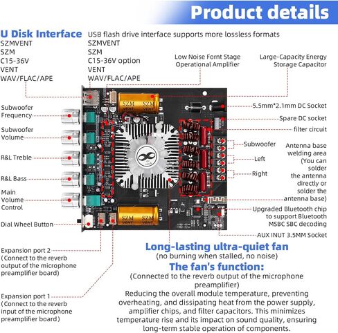ZK-1002T Bluetooth 5.0 Stereo Amplifier Board, 200W HiFi 2.0 Channel Mini Audio Amp Module with Treble & Bass Control, AUX Input, DC 12V-24V for DIY Speakers,Car or Home Audio in Saudi Arabia