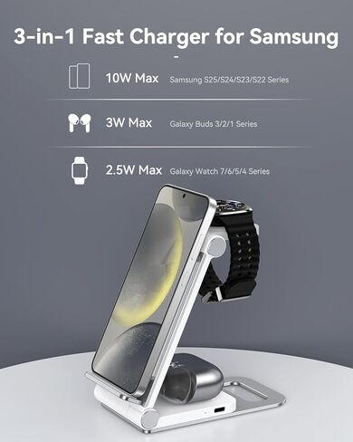Wireless Charger for Samsung 3 In 1 Wireless Charging Station Foldable Wireless Charger Stand for Samsung S25 Ultra S24 S23 S22 Z Flip Z Fold 6 5 for Galaxy Watch 7/6/5/4 for Galaxy Buds Elegant Black in Saudi Arabia