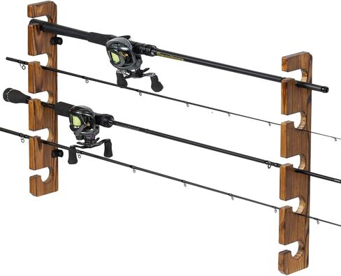 MyGift Wall Mounted Fishing Rod Rack, Torched Wood Vertical Fishing Pole Holder Adjustable Storage Rack Holds 6 Rods in Saudi Arabia