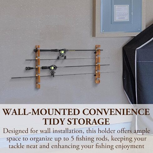MyGift Wall Mounted Fishing Rod Rack, Torched Wood Vertical Fishing Pole Holder Adjustable Storage Rack Holds 6 Rods in Saudi Arabia