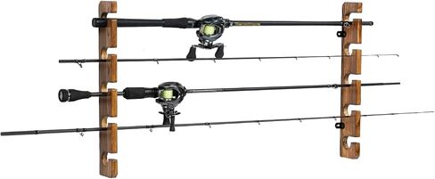 MyGift Wall Mounted Fishing Rod Rack, Torched Wood Vertical Fishing Pole Holder Adjustable Storage Rack Holds 6 Rods in Saudi Arabia