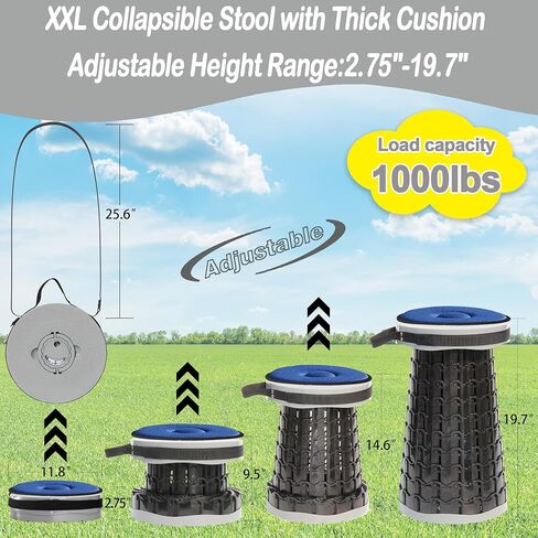 ALEVMOOM 2026 Upgraded 18.1" Collapsible Stool with Cushion & Carry Bag, 600lbs Max Weight Portable Telescoping Stool, More Sturdy Lightweight Retractable Seat Folding Chair for Camping & Outdoors in Kuwait
