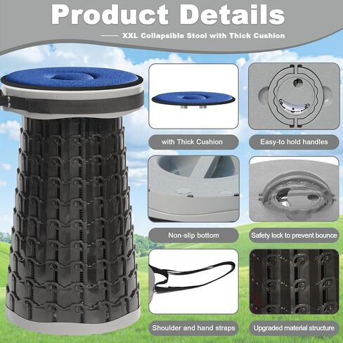 ALEVMOOM 2026 Upgraded 18.1" Collapsible Stool with Cushion & Carry Bag, 600lbs Max Weight Portable Telescoping Stool, More Sturdy Lightweight Retractable Seat Folding Chair for Camping & Outdoors in Kuwait
