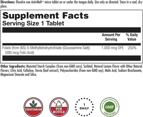 KAL Methyl Folate 1000 mcg, 5-MTHF Active Form, Folic Acid Supplement, Heart Health, Prenatal, Mood and Brain Support, Vegetarian, Natural Lemon ActivMelt, 60-Day Guarantee, 60 Serv, 60 Micro Tablets in Saudi Arabia