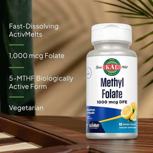 KAL Methyl Folate 1000 mcg, 5-MTHF Active Form, Folic Acid Supplement, Heart Health, Prenatal, Mood and Brain Support, Vegetarian, Natural Lemon ActivMelt, 60-Day Guarantee, 60 Serv, 60 Micro Tablets in Saudi Arabia