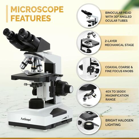 AmScope B490A-LED Compound Binocular Microscope, WF10x and WF16x Eyepieces, 40X-1600X Magnification, Brightfield/Darkfield (BF/DF), LED Illumination, Abbe Condenser, Double-Layer Mechanical Stage, Sliding Head, High-Resolution Optics, Anti-Mold in Saudi Arabia