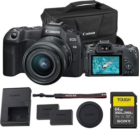 Canon EOS R8 الكاميرا الكاملة غير المرآة-24.2 ميجابكسل ، فيديو 4K60p ، Pixel AF II ، Wi-Fi ، الجسم خفيف الوزن-الجسم فقط (5803C002) in Saudi Arabia